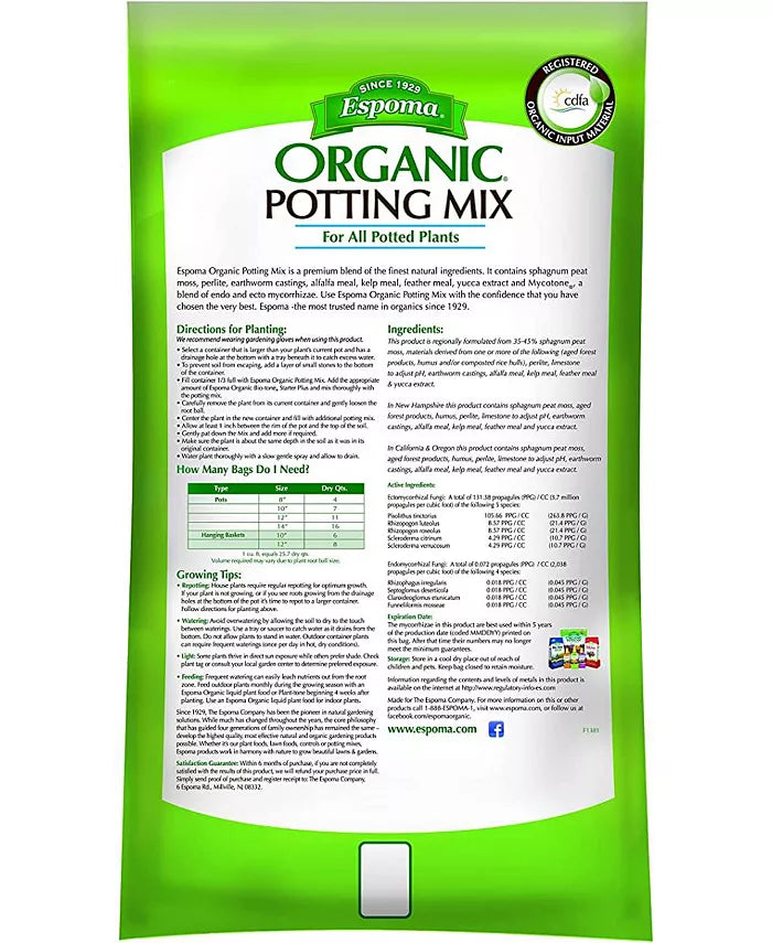 Espoma Organic Potting Soil Mix - All Natural Potting Mix For All Indoor & Outdoor Containers Including Herbs & Vegetables. For Organic Gardening, 2 Cubic Foot. bag